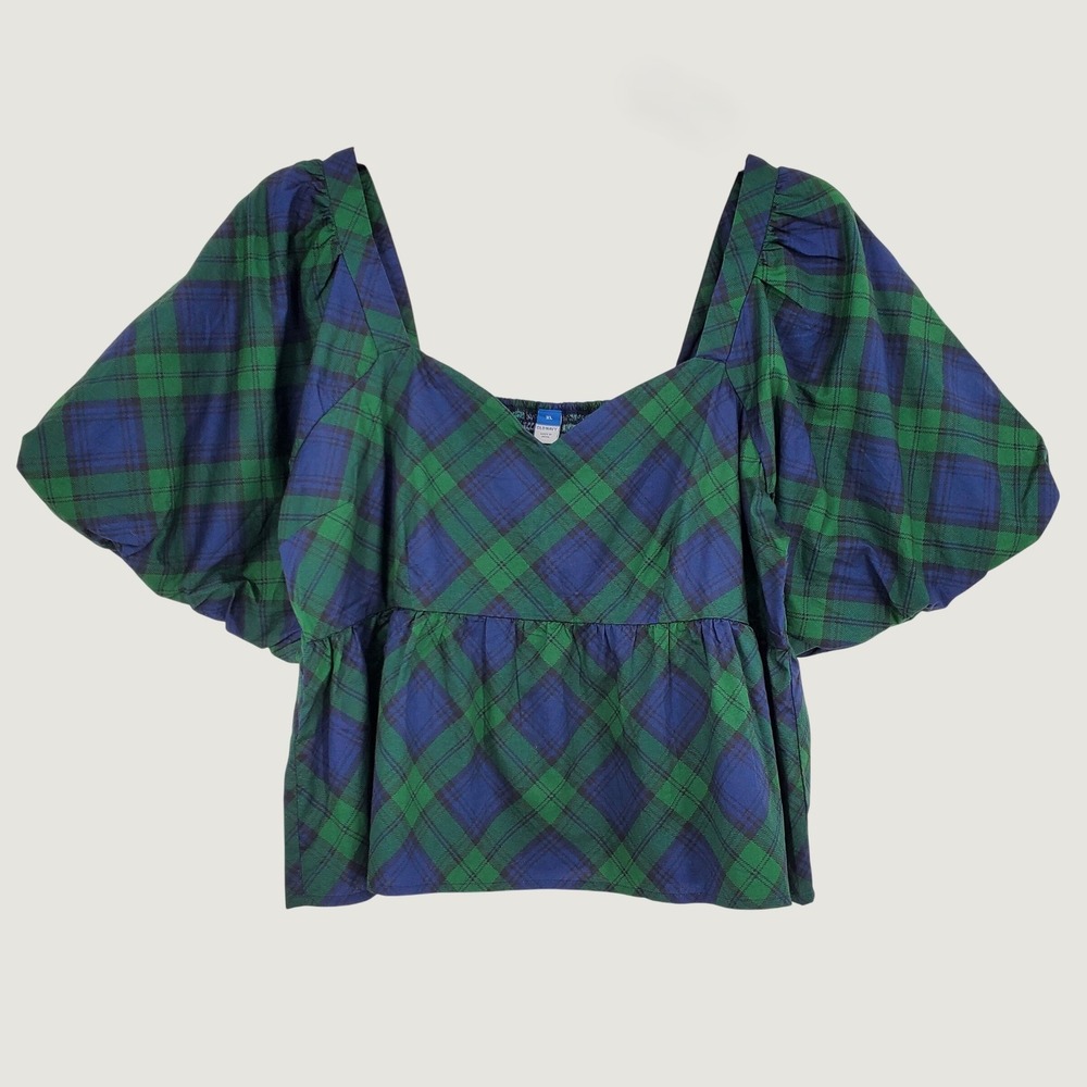 Old Navy Womens XL Blue Green Plaid Puff Sleeve Peplum Smocked Top 100% Cotton